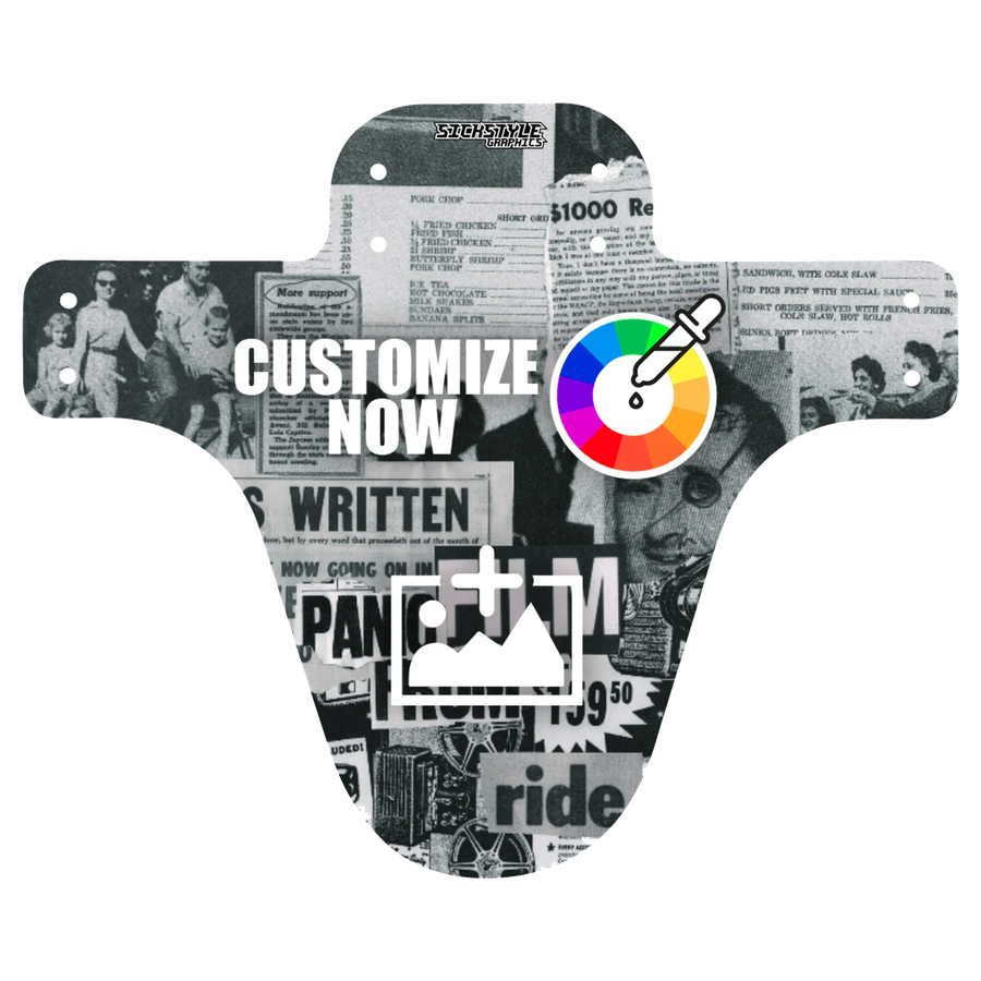 Regulowane błotniki MTB w stylu gazety z tekstem “Customize Now”, wyborem kolorów i ikoną przesyłania.