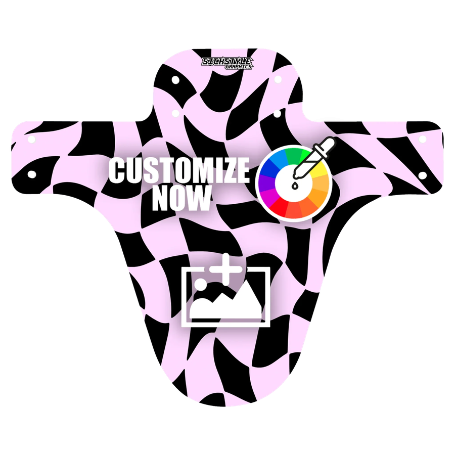 Guardabarros para MTB personalizable con patrón Psycho Checkerboard rosa y negro, con opciones de personalización.