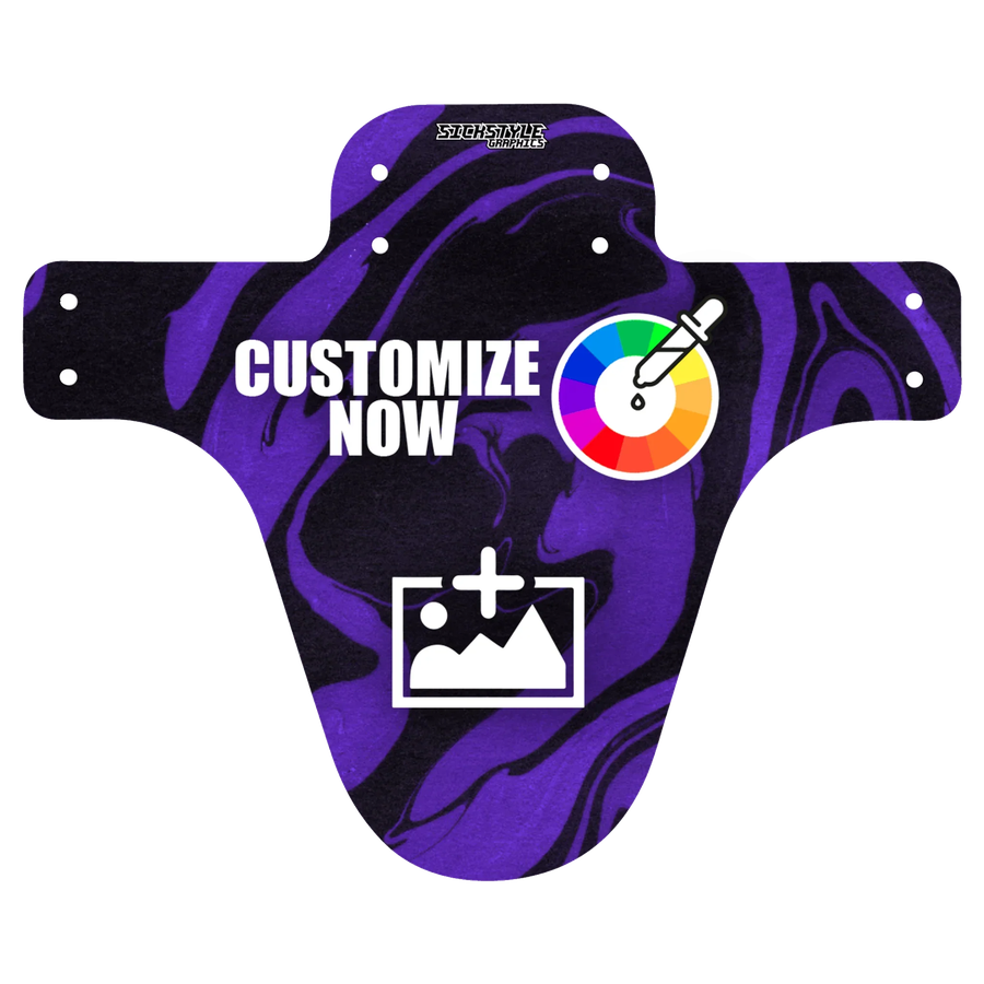 Customizable MTB mudguard in purple-black marble design with “CUSTOMIZE NOW” text and icons.