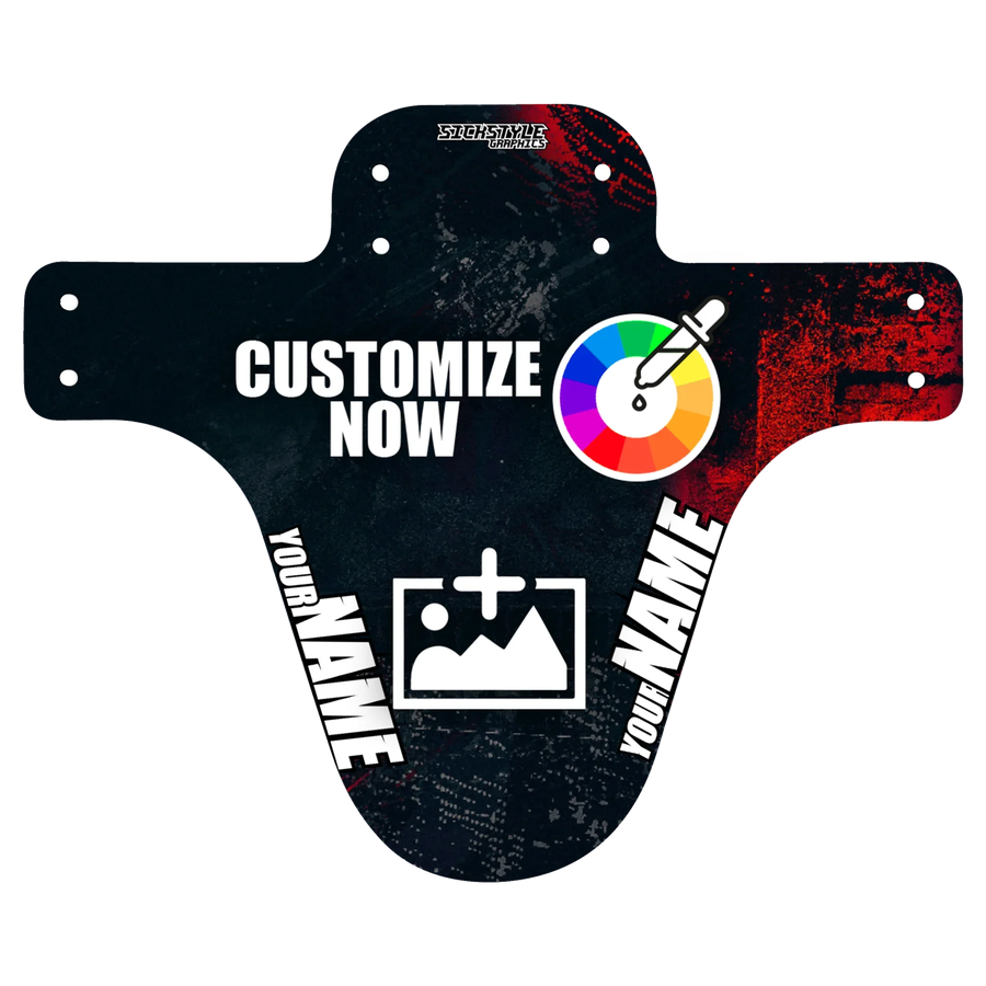 Guardabarros para MTB negro personalizable “Redstamp” con acentos rojos, texto “Customize Now” y opciones de personalización.