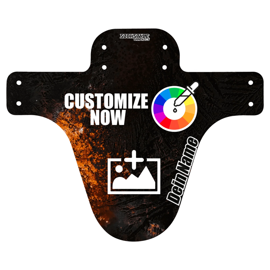 Anpassningsbar MTB-stänkskärm med rustik design, “Customize Now”-text, färghjul och bilduppladdningsikon.
