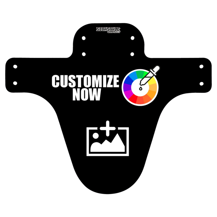 MTB-Mudguard „100% Custom“ als schwarze Designvorlage mit Farbwahl und Bild-Upload.
