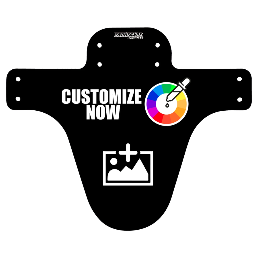 MTB-Mudguard „100% Custom“ als schwarze Designvorlage mit Farbwahl und Bild-Upload.