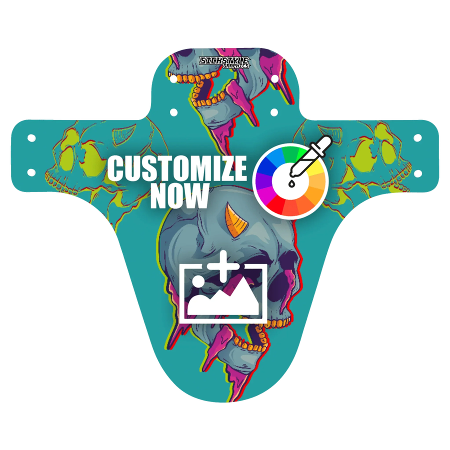 Guardabarros para MTB personalizable con diseño de calavera oscura sobre fondo turquesa, iconos para cargar y seleccionar color.