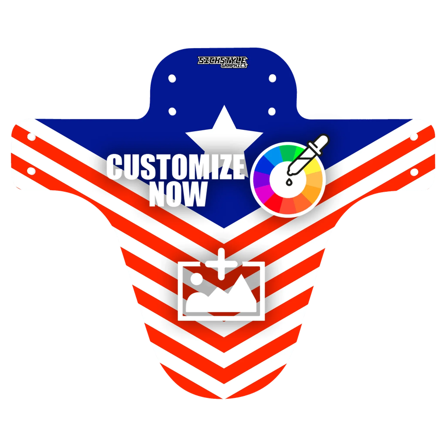 MTB-Mudguard „USA“ mit roten Streifen, blauem Feld und weißem Stern, individuell gestaltbar.