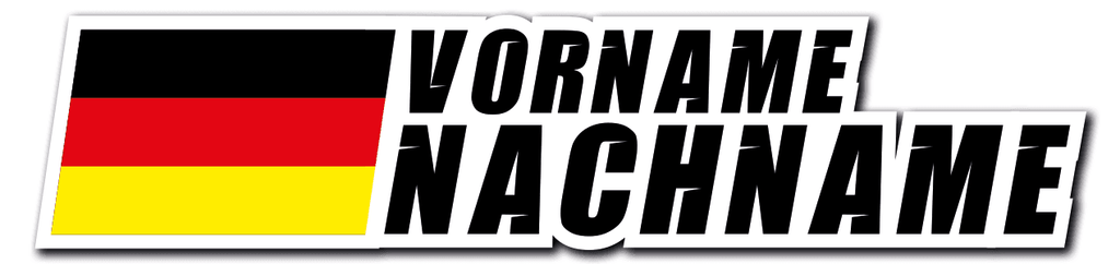Pegatina personalizable con nombre V2 con bandera alemana, texto “NOMBRE APELLIDO” en negro con fuente deportiva.