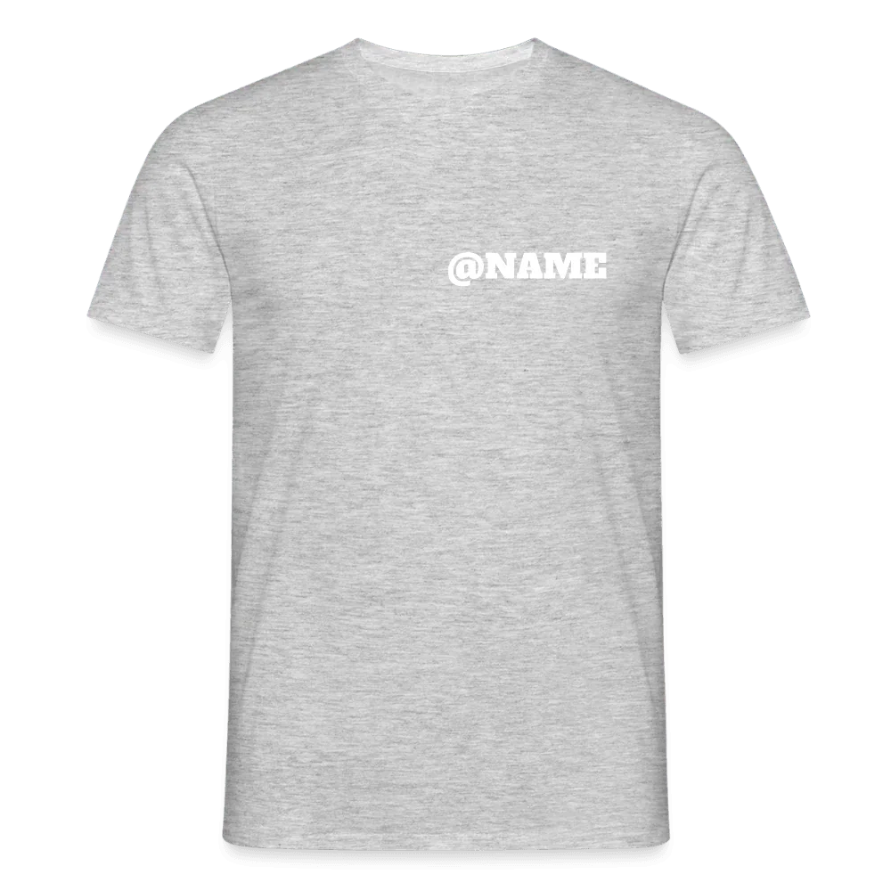Gråt meleret herres t-shirt i bomuld med hvidt “@NAME” tryk på brystet.