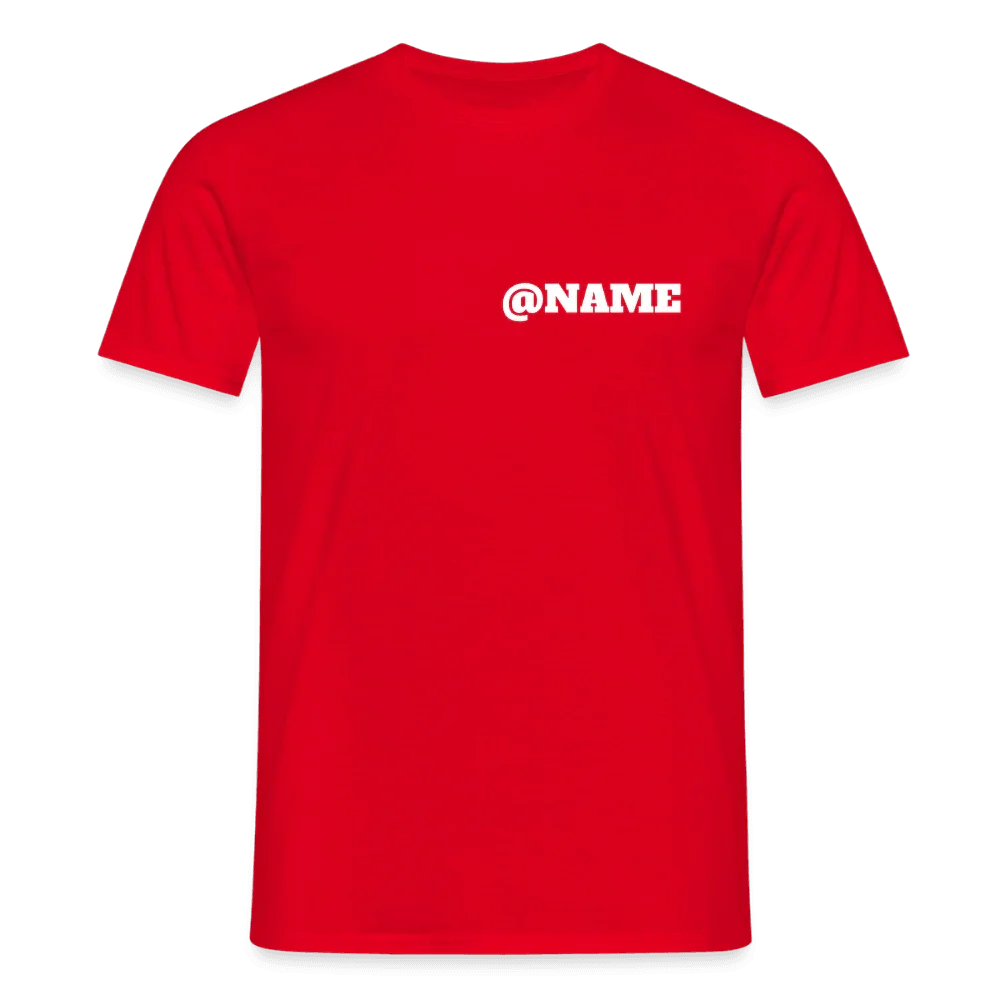 Rødt herre-t-shirt i bomuld med hvidt “@NAME” Instagram-skrift på brystet.