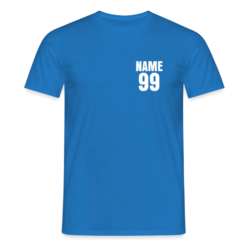 Camiseta azul para hombre de algodón con estampado blanco personalizado “NAME 99” en el pecho.