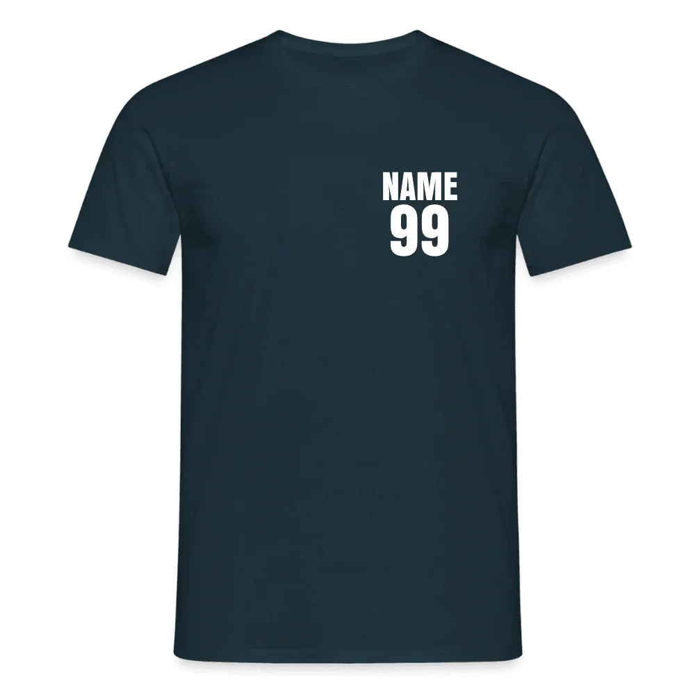 Camiseta azul marino para hombre de algodón con nombre y número personalizados “NAME 99” en blanco en el pecho.