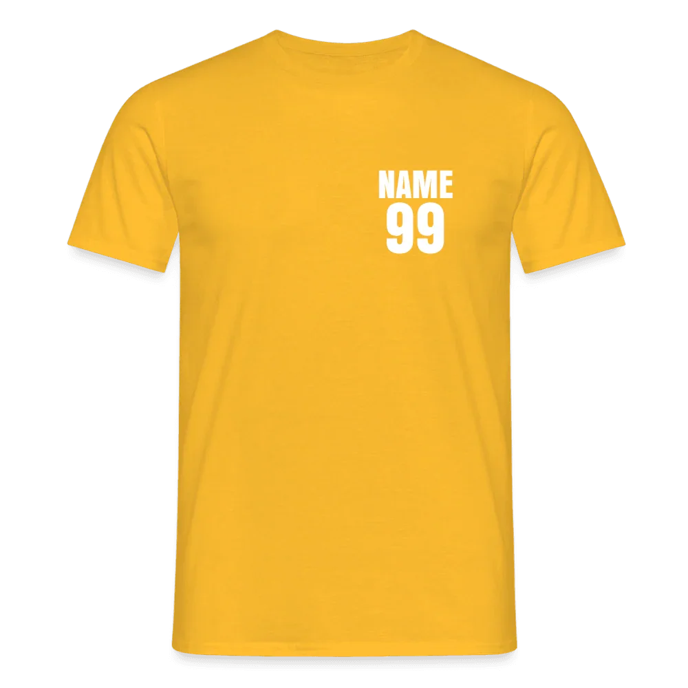 Camiseta amarilla para hombre de algodón con nombre personalizado y número “99” en blanco en el pecho.