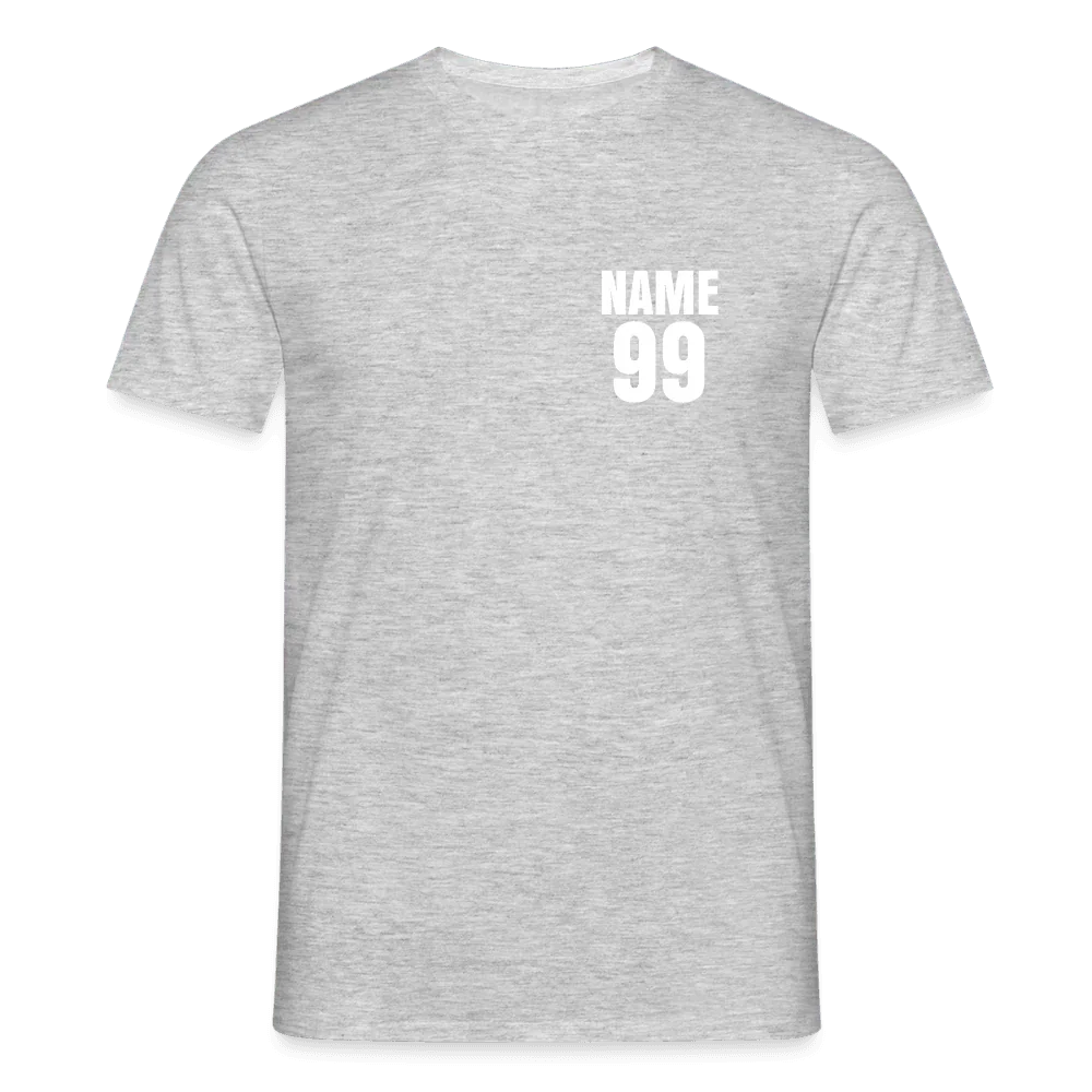 Camiseta para hombre en gris jaspeado con nombre y número personalizados “NAME 99” en blanco en el pecho.