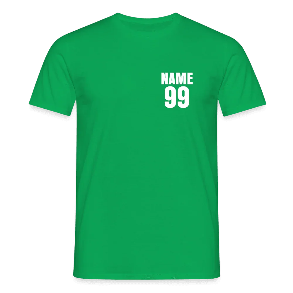 Camiseta verde para hombre con nombre y número personalizados “NAME 99” en blanco en el pecho.