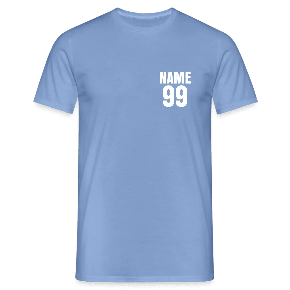 Camiseta azul claro para hombre de algodón con nombre y número personalizados “NAME 99” en blanco en el pecho.