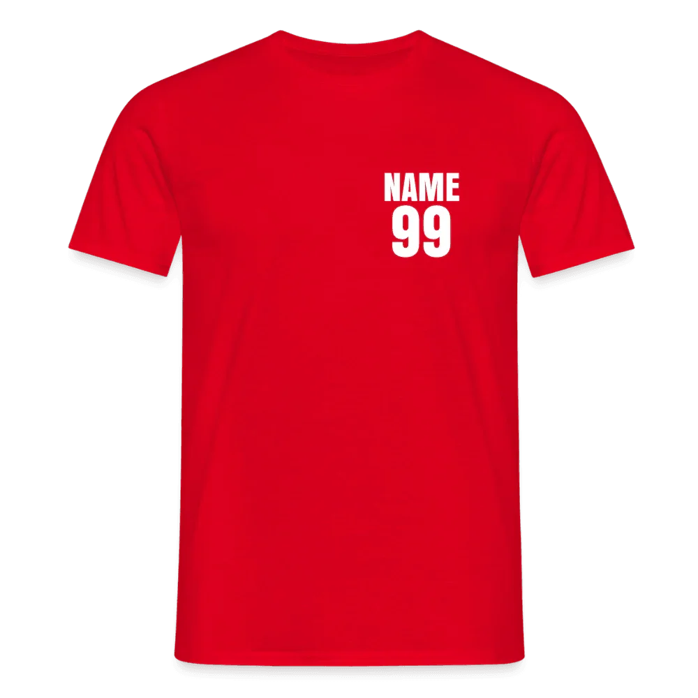 Camiseta roja para hombre de algodón con nombre y número personalizados “NAME 99” en blanco en el pecho.