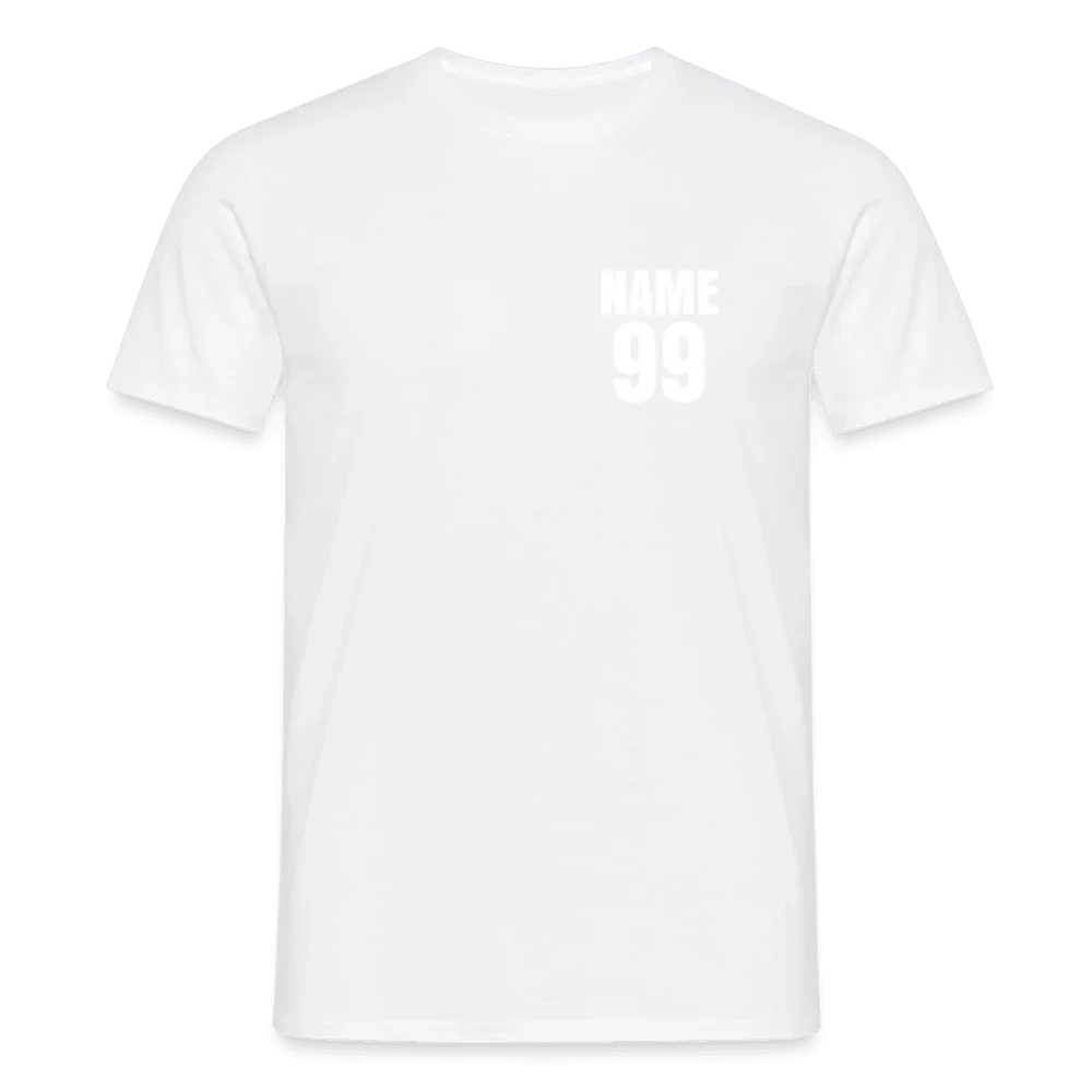 Camiseta blanca para hombre de 100% algodón con estampado personalizado “NAME 99” en el pecho.