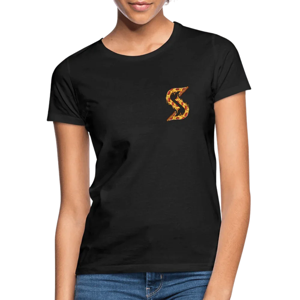 Black women's t-shirt made from 100% cotton with an S-shaped pizza slice design on the chest.