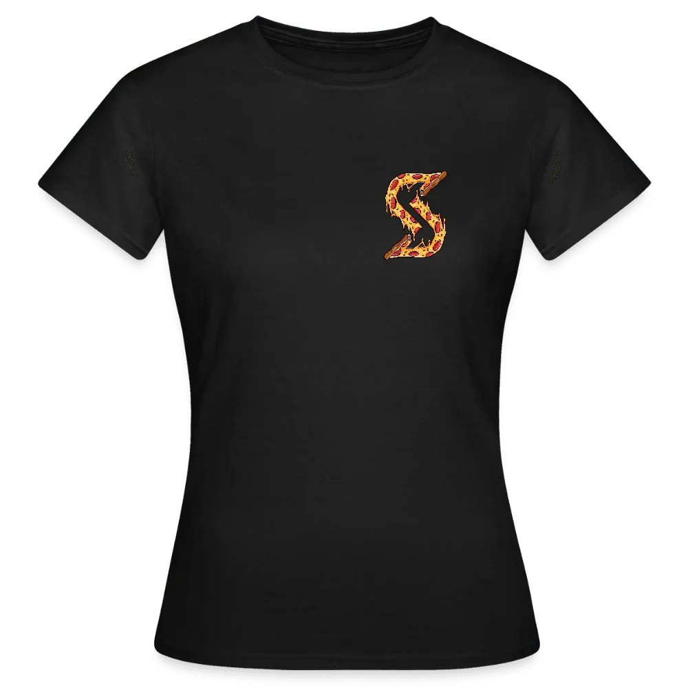 Black women's cotton t-shirt with crew neck and pizza slice “S” on chest.