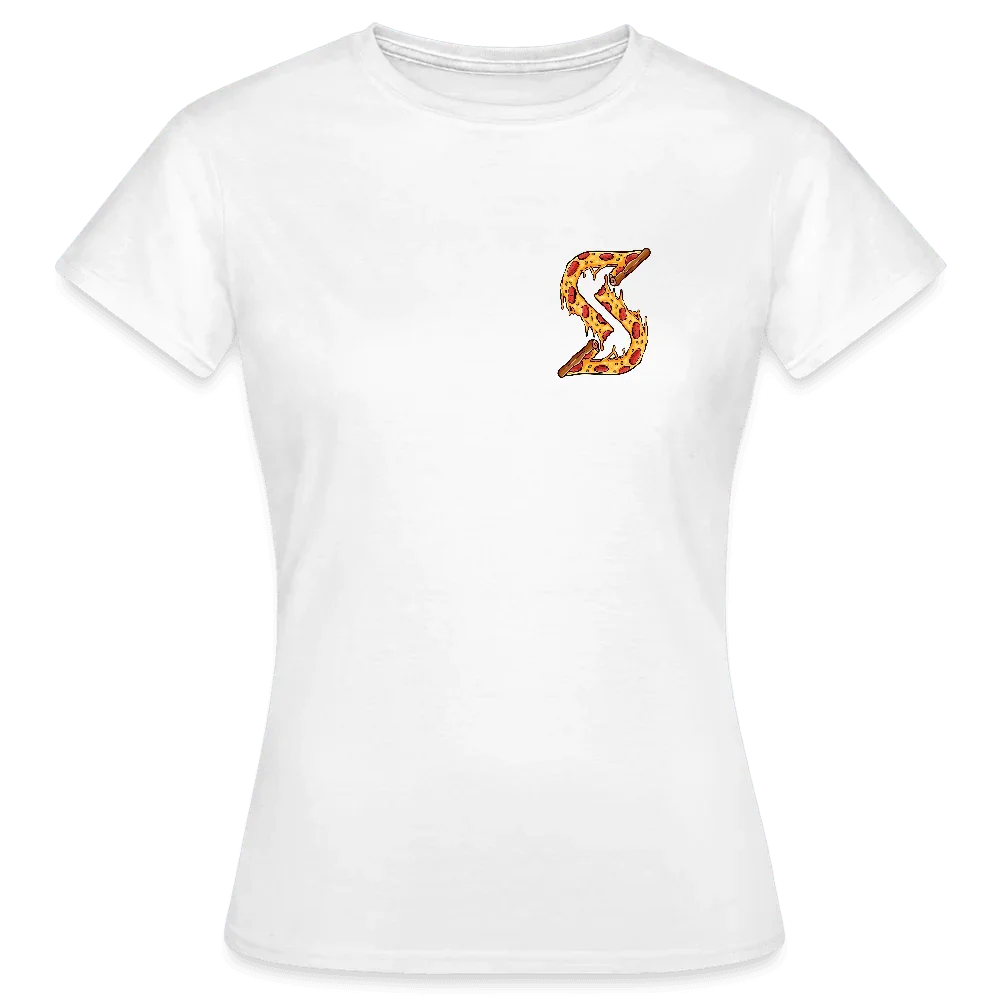 White women's cotton t-shirt with small S-shaped pizza slice motif on the chest.