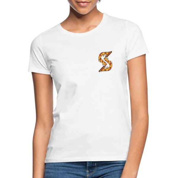 Weißes Damen T-Shirt mit Rundhalsausschnitt und verkürzten Ärmeln, bedruckt mit einem S-förmigen Pizza-Slice-Motiv.
