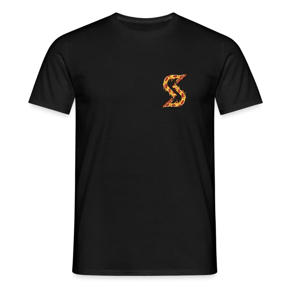 Camiseta negra para hombre de algodón con corte recto y pequeño logo “S” en forma de llama en el pecho.