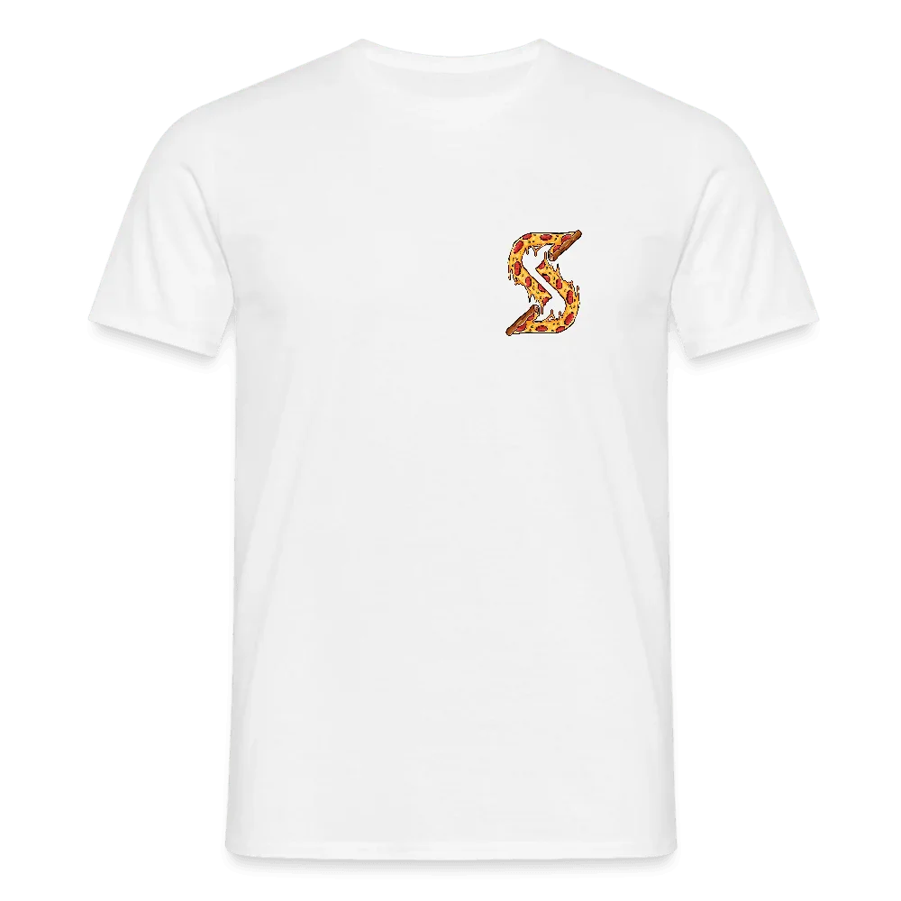 Camiseta blanca para hombre de algodón con pequeño logo de pizza “S” en color en el pecho.