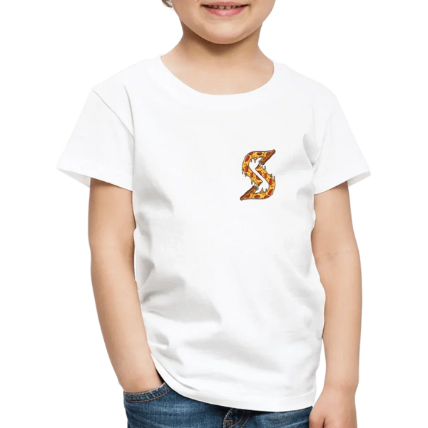Weißes Kinder Premium T-Shirt mit kleinem, farbigem Pizza Slice “S” Logo auf der Brust.