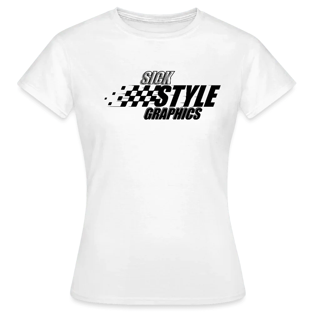 Biały damski T-shirt z czarnym napisem “SICK STYLE GRAPHICS” i wzorem flag w szachownicę.