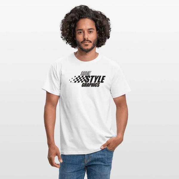 T-shirt homme « Racing Style » blanc avec imprimé « SICK STYLE GRAPHICS » et design drapeau à damier.