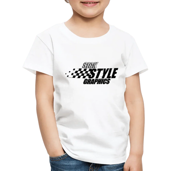 Weißes Kinder-T-Shirt aus Baumwolle mit “Sick Style Graphics” und Zielflaggen-Design.