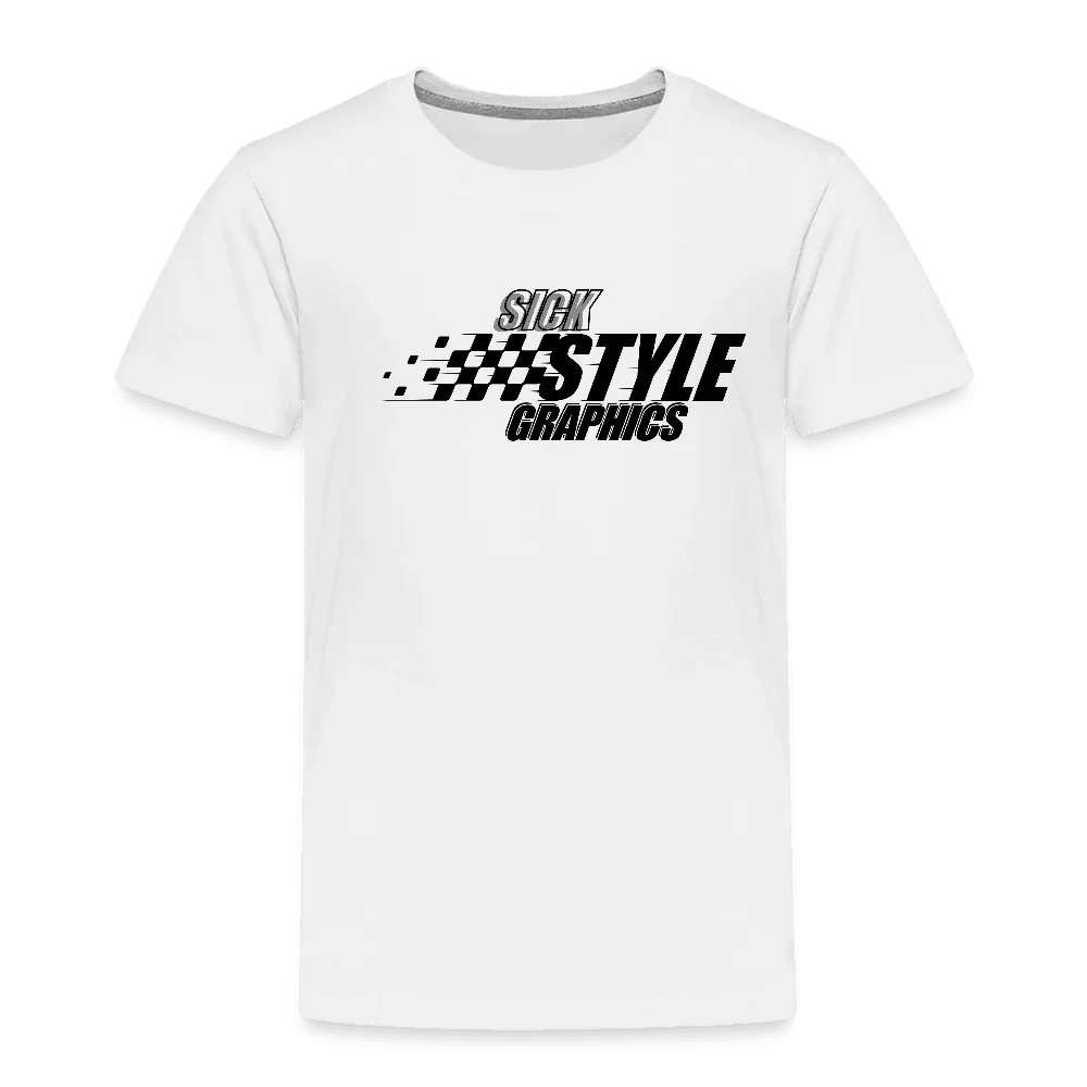 Camiseta infantil blanca de algodón con diseño de bandera de carreras “SICK STYLE GRAPHICS” en negro.