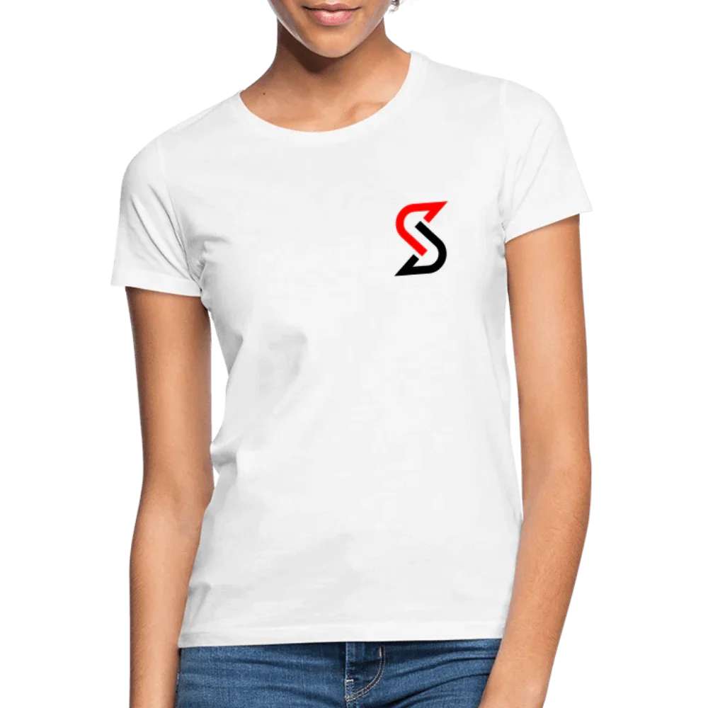 Camiseta blanca de mujer en algodón con pequeño logo “S” rojo y negro en el pecho.