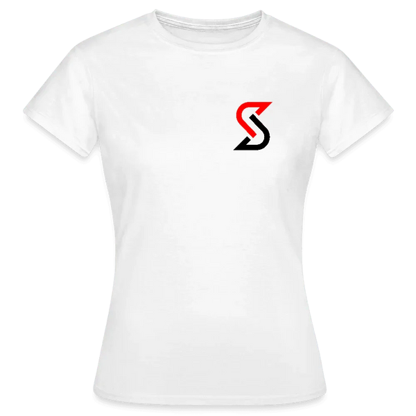 Weißes Damen T-Shirt mit Rundhalsausschnitt und kleinem rot-schwarzem “S”-Logo auf der Brust.