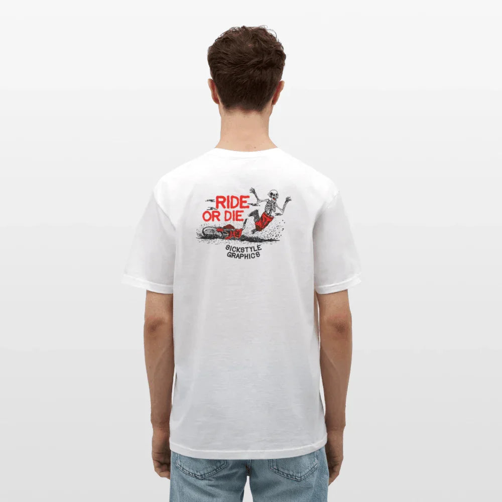 T-shirt bianca da uomo con motivo scheletro “Ride or Die” sulla schiena.