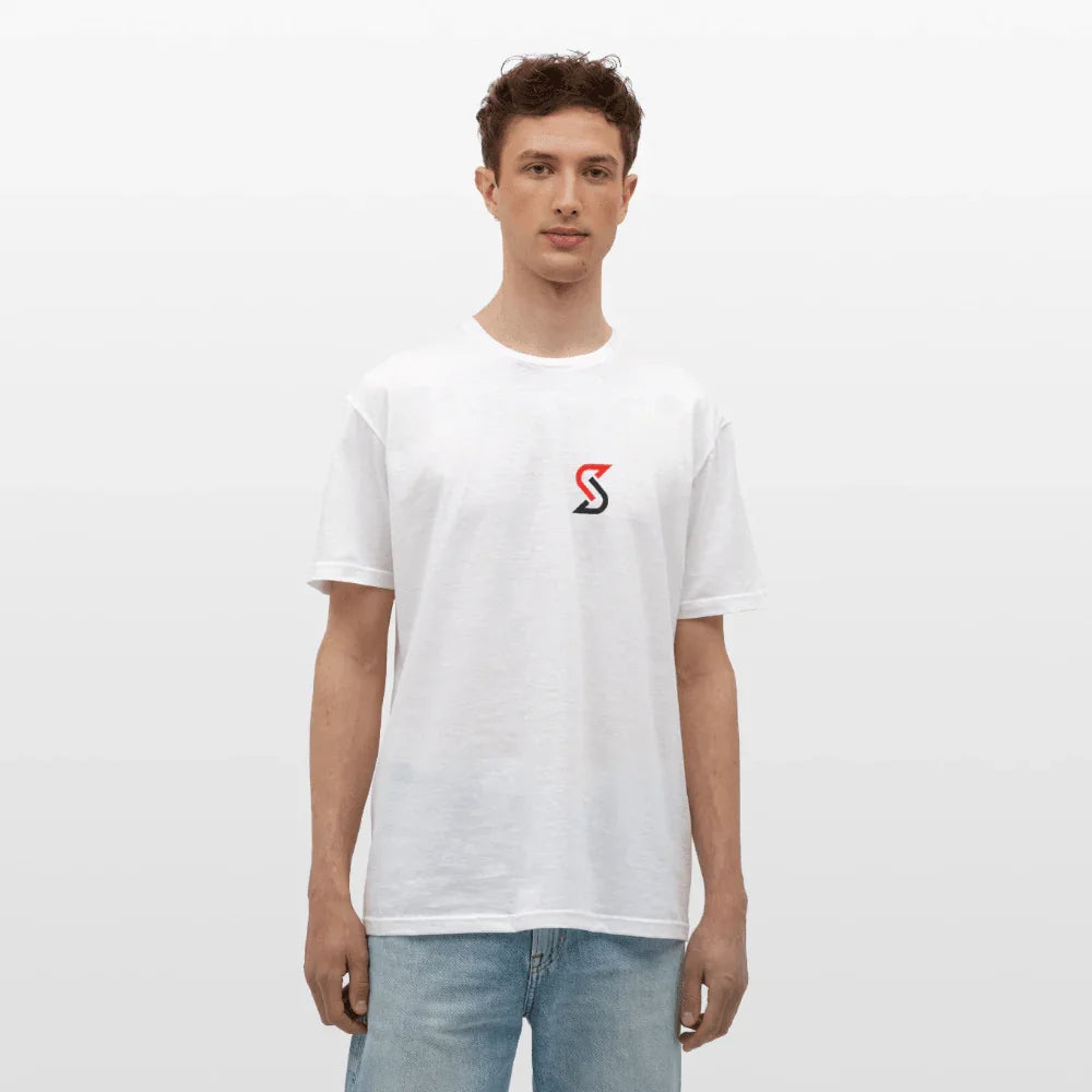 T-shirt bianca da uomo in 100% cotone con piccolo logo “S” rosso e nero sul petto.