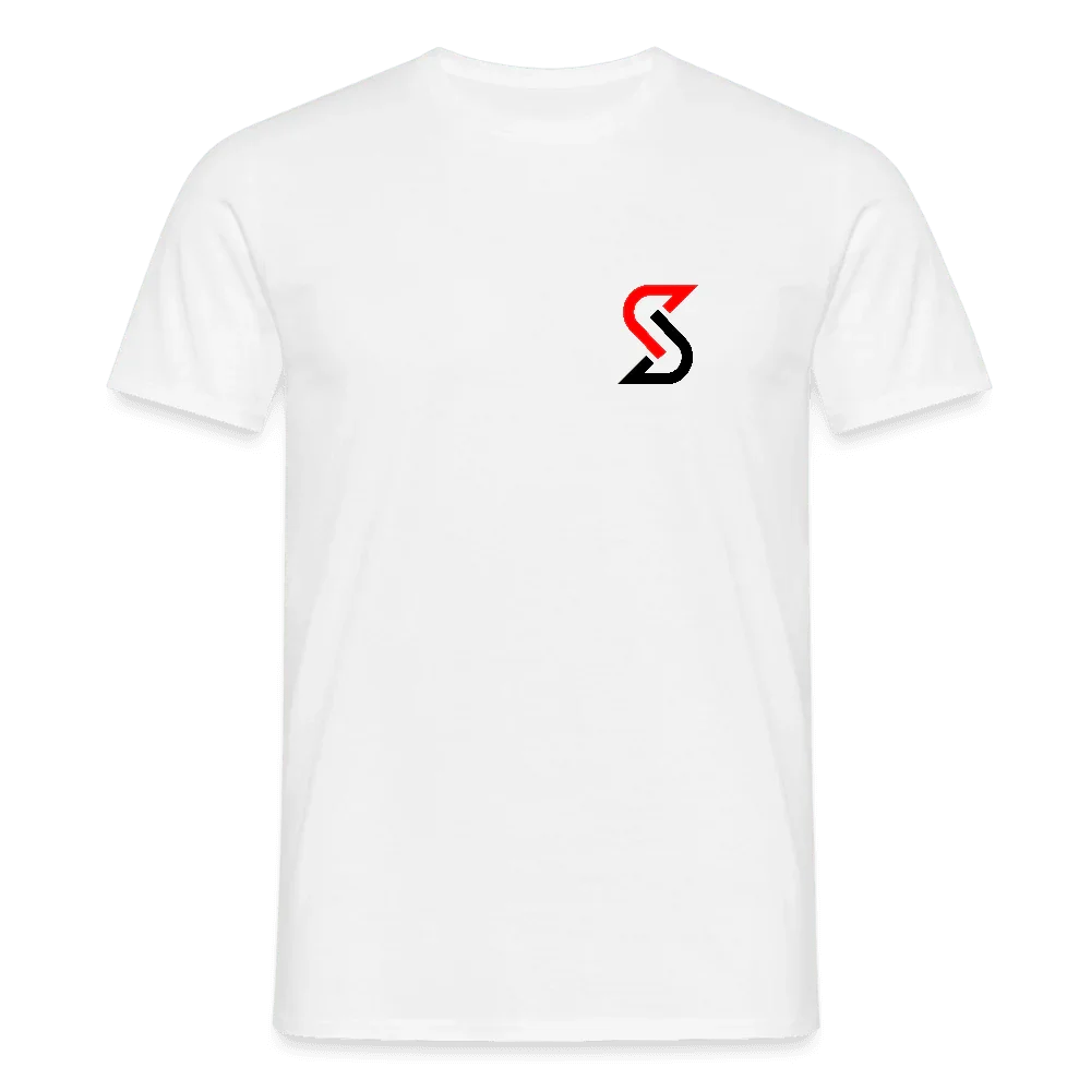 T-shirt bianca da uomo in 100% cotone con piccolo logo “S” rosso-nero sul petto.