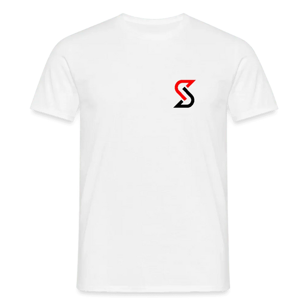 T-shirt blanc pour homme en 100% coton avec petit logo “S” rouge et noir sur la poitrine.
