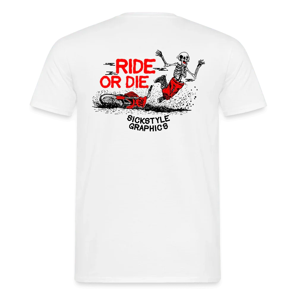 T-shirt bianca da uomo con motivo teschio “Ride or Die” e motocicletta.