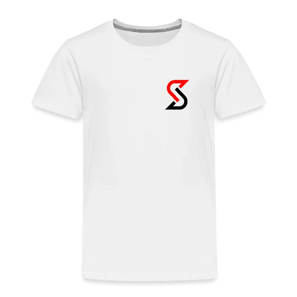 Weißes Kinder T-Shirt aus 100% Baumwolle mit kleinem rot-schwarzem “S”-Logo auf der Brust.