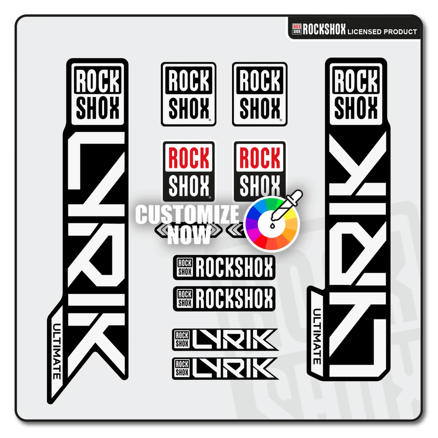 Přizpůsobitelné nálepky RockShox LYRIK vidlice v černobílé s barevnými možnostmi.