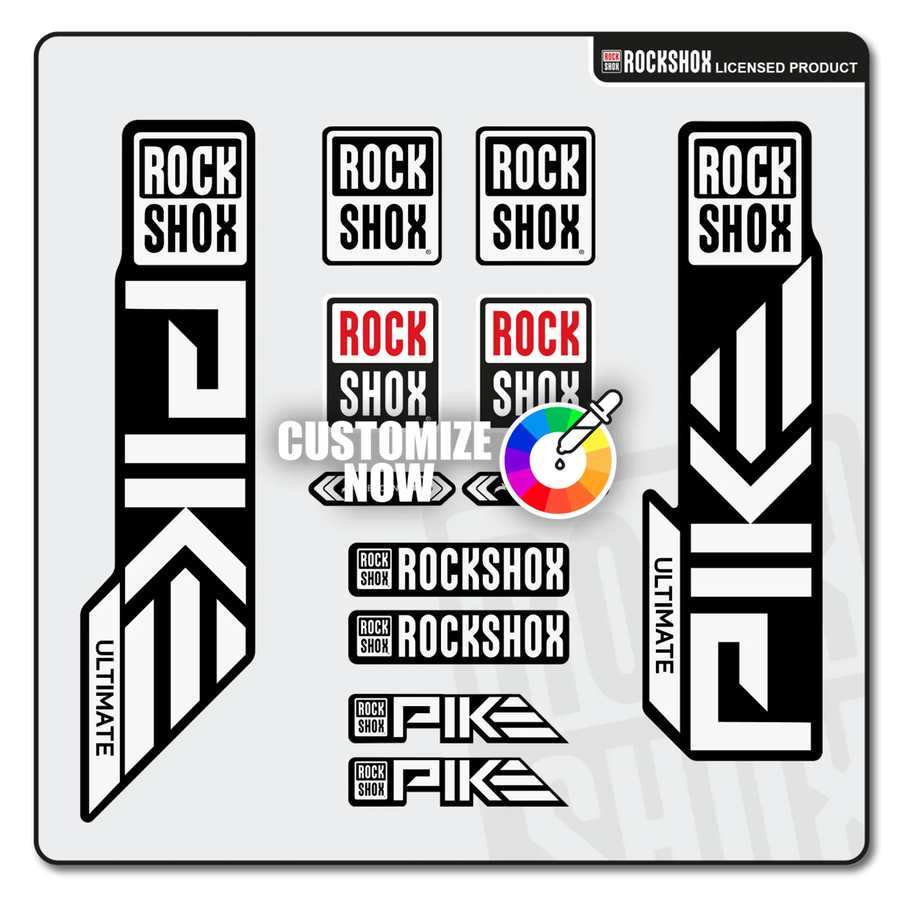Přizpůsobitelné nálepky RockShox PIKE vidlice v černé-bílé s nápisem “ULTIMATE” a barevnou paletou pro personalizaci.