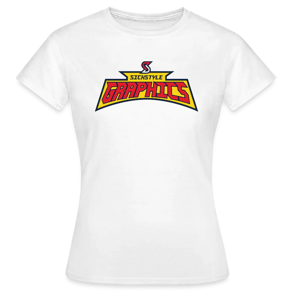 Weißes Damen T-Shirt aus Baumwolle mit rotem “Sickstyle Graphics” Logo.