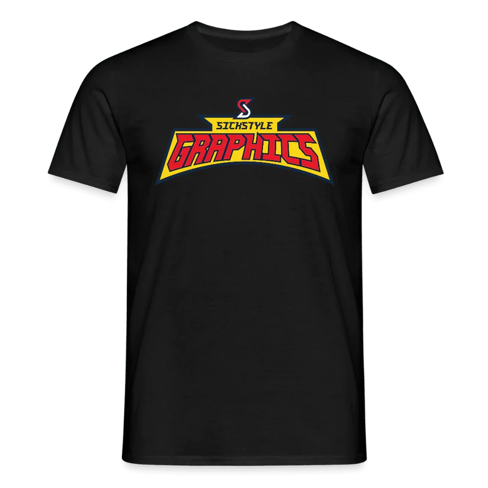 Camiseta negra para hombre con logo “Sickstyle Graphics” en estilo cómic a todo color.