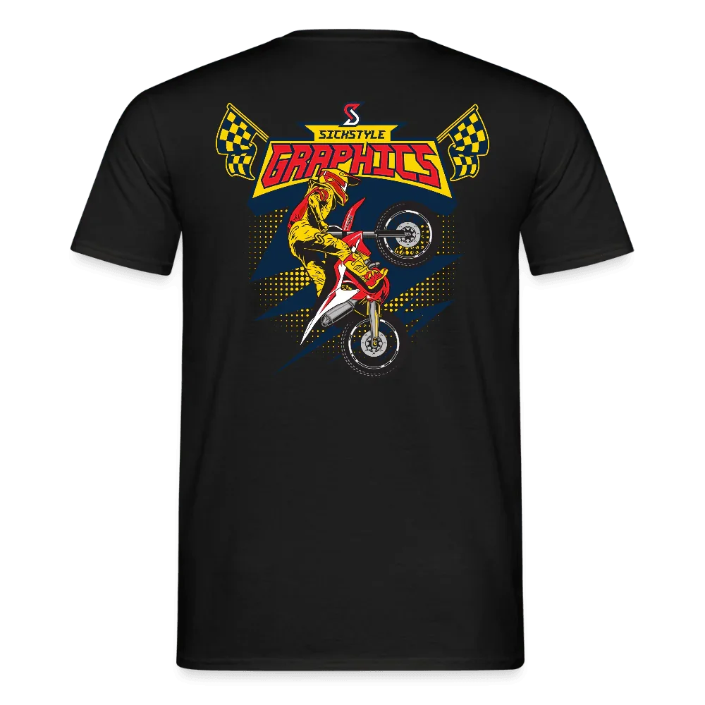 Camiseta negra para hombre con logo “Sickstyle Graphics” y motociclista de motocross en rueda trasera.