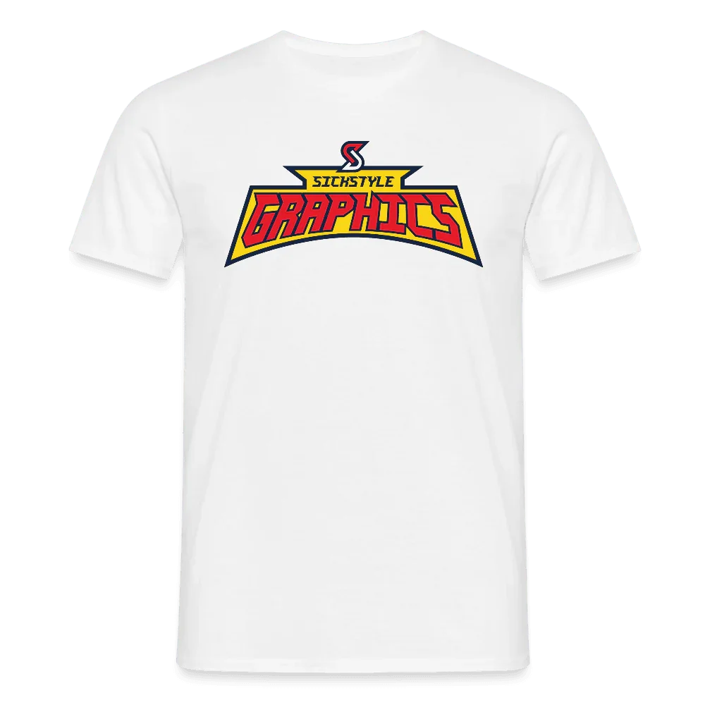 Camiseta blanca para hombre de algodón con logo “Sickstyle Graphics” en rojo, amarillo y azul.
