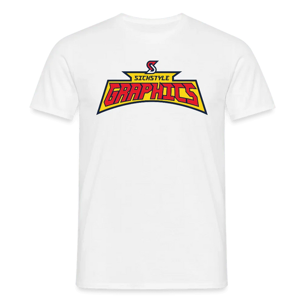 T-shirt blanc pour homme en coton avec logo “Sickstyle Graphics” en rouge, jaune et bleu.