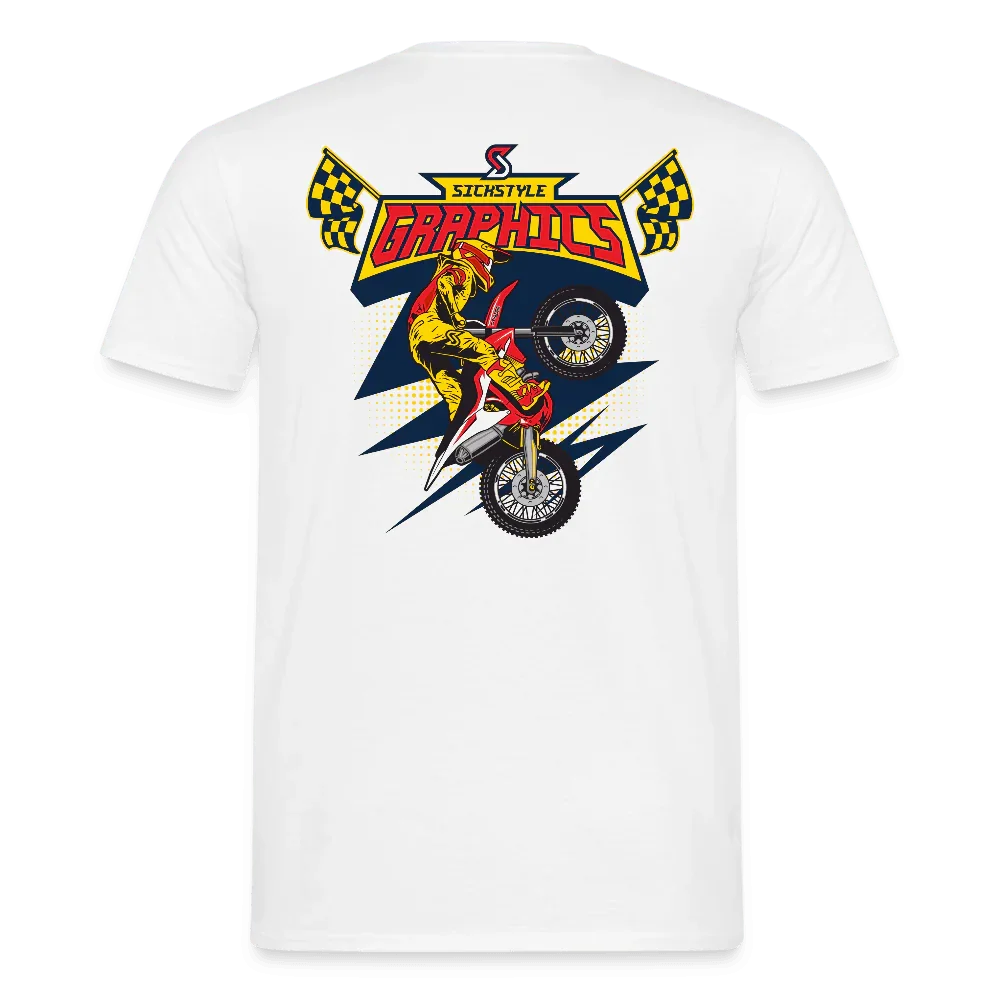 Camiseta blanca para hombre con gráfico Motocross “Send it”, piloto en moto roja, banderas de meta.