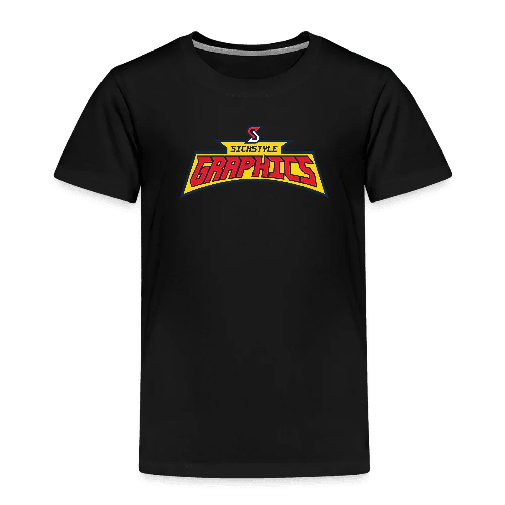 Schwarzes Kinder Premium T-Shirt mit farbigem “Sickstyle Graphics” Logo-Print.