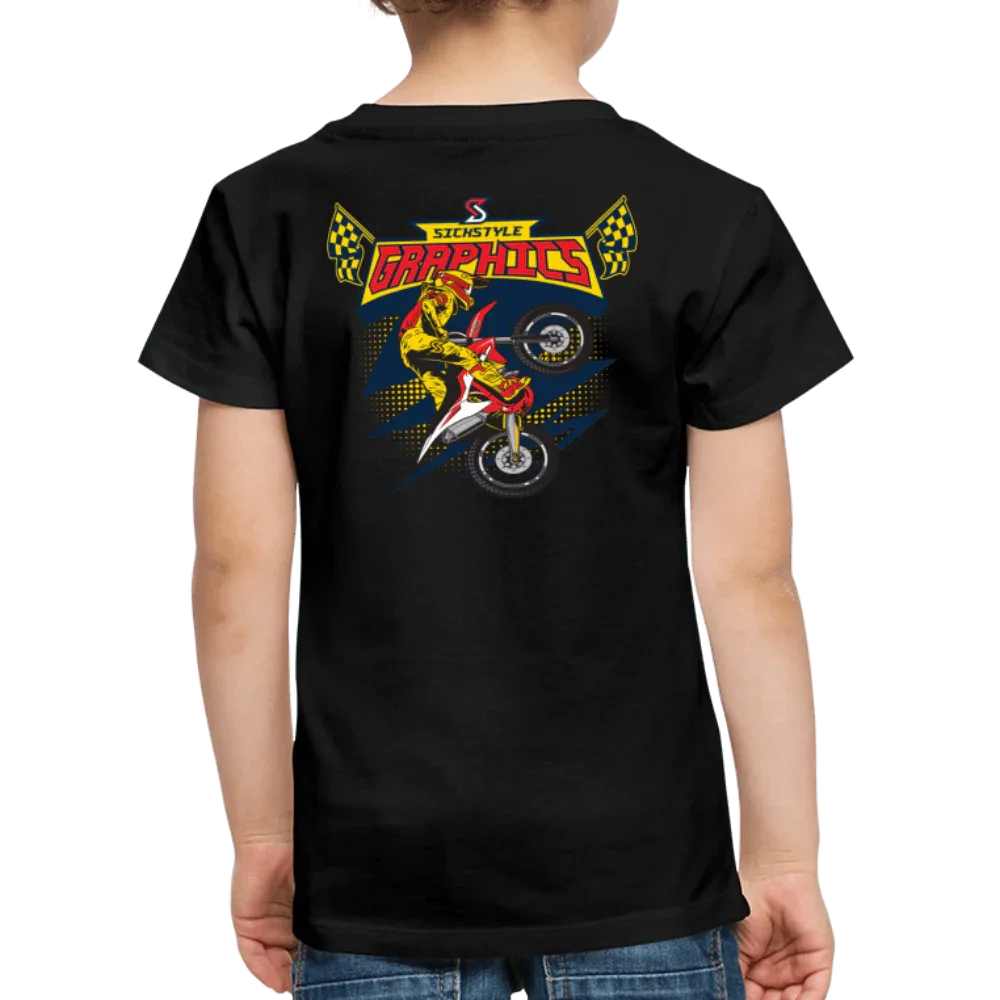 Schwarzes Baumwoll-T-Shirt für Kinder mit “Sickstyle Graphics” Logo und Motocross-Fahrer-Design.