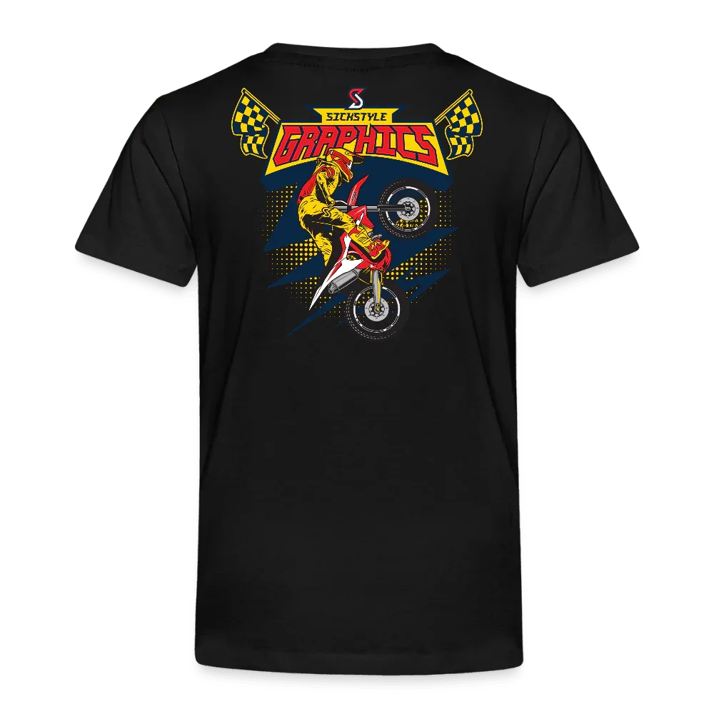Schwarzes Kinder T-Shirt aus Baumwolle mit gelb-rotem Motocross-Grafikdruck und Zielflaggen.
